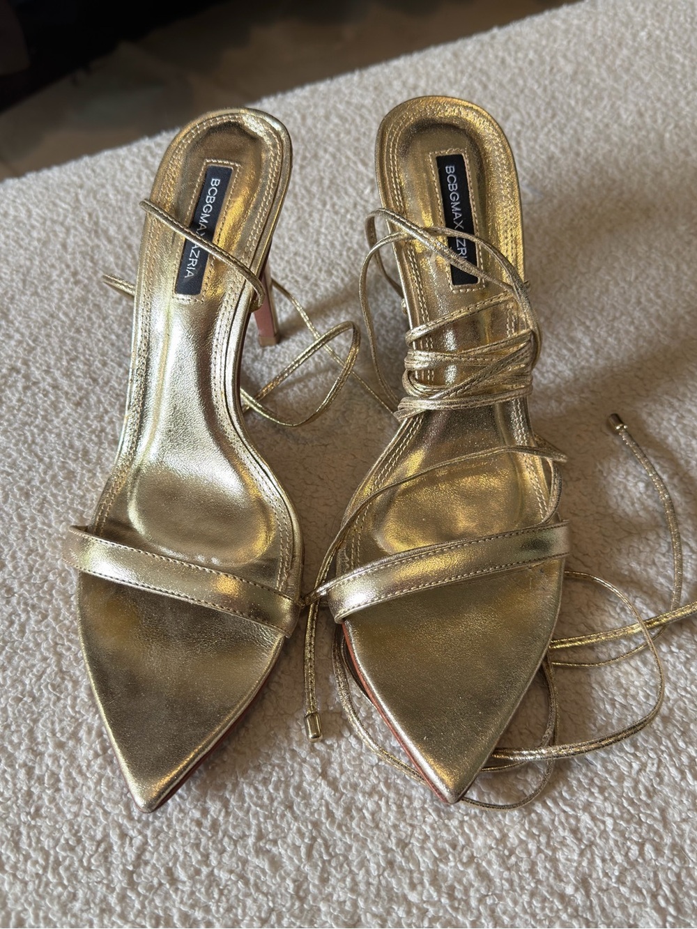 BCBGMaxAzria Metallic Gold Strappy Pointed-Toe Heels